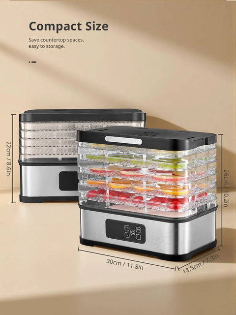 Five Tray Electric Food Dehydrator With Smart Digital Controls And Flexible Temp Settings, compact size for easy countertop storage.
