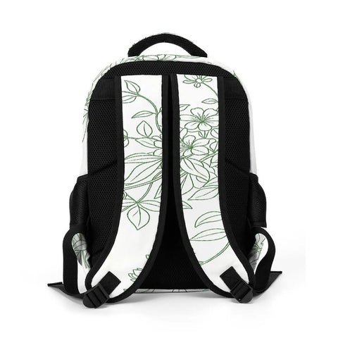 Back view of Green Line Floral Vine Printed Unisex Backpack with breathable mesh back and adjustable straps
