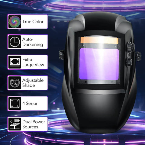 Auto Darkening Welding Helmet With True Color Large Viewing Screen Solar Powered Welder Mask With 4 Arc Sensors