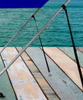 Beefy Heavy Duty Bimini Boat Top Straps with Double End Snap Hook holding a canopy on a boat, shown over a wooden deck.