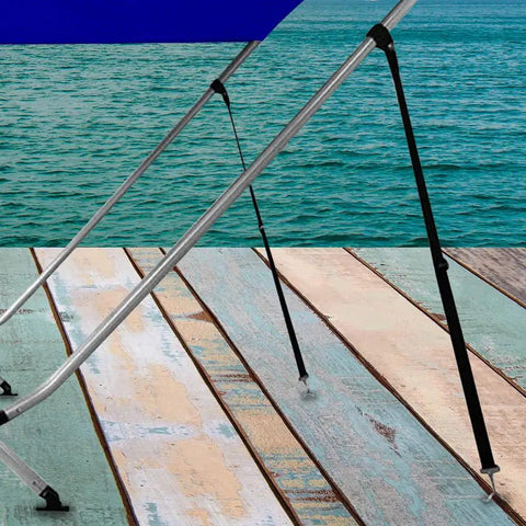 Beefy Heavy Duty Bimini Boat Top Straps with Double End Snap Hook holding a canopy on a boat, shown over a wooden deck.
