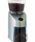 Top Shelf Conical Burr Coffee Grinder Featuring Commercial Steel Burrs with beans in container and ground coffee visible.