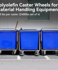 Built Like A Tank Heavy Duty 4 Inch Industrial Caster Wheels With Polyolefin Tires and Rust Resistant Galvanized Tracks on utility carts.