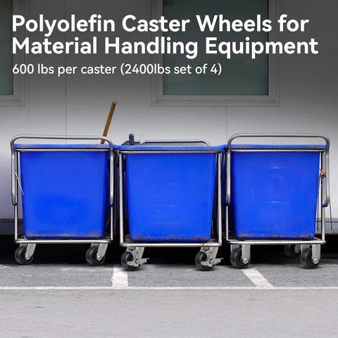 Built Like A Tank Heavy Duty 4 Inch Industrial Caster Wheels With Polyolefin Tires and Rust Resistant Galvanized Tracks on utility carts.