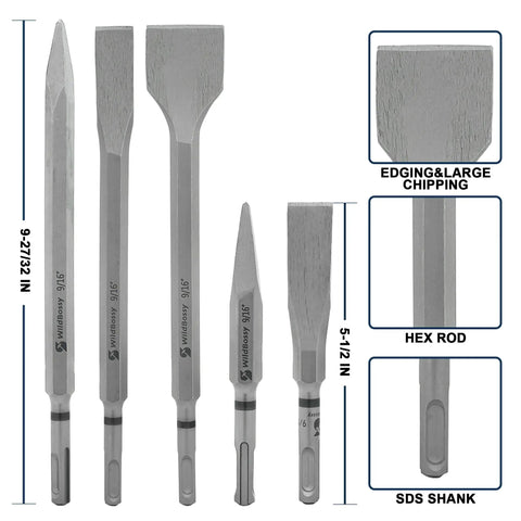 Heavy Duty Rotary Hammer Drill Bits Set And Chisels For SDS Plus Concrete Masonry 17 Piece Kit with chisels and measurements