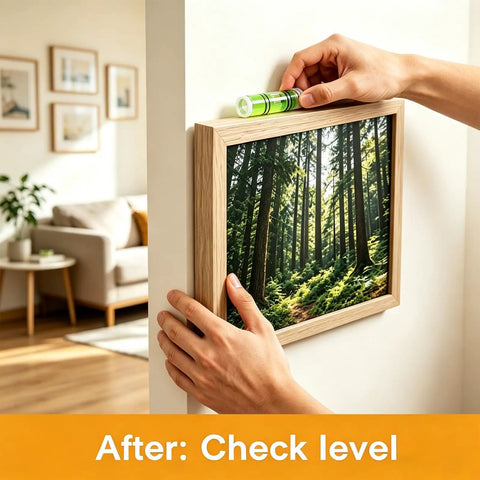 Person using a level on a wall-mounted picture frame in a living room setting with plastic drywall anchors.