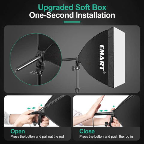 Softbox Photography Lighting Kit With 16x16 Pull Soft Box, setup instructions for easy installation with push and pull actions.