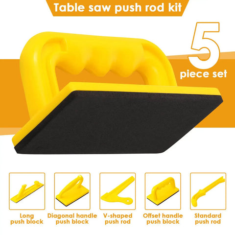 Five Piece Safety Push Block And Push Stick Set For Woodworking Made From Durable ABS Material with visible yellow handle