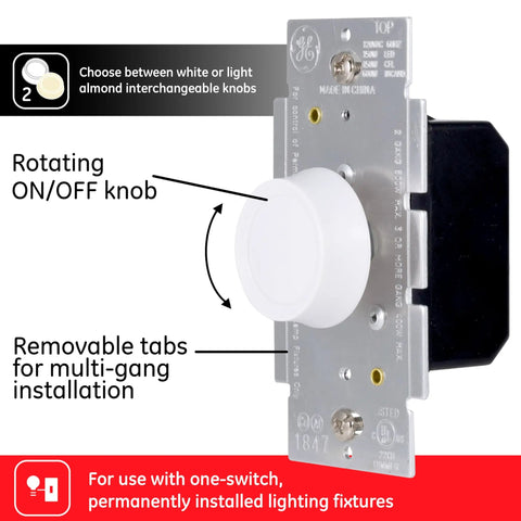 Single Pole Rotating Dimmer Switch With Rotary On Off, Dimmable For LED CFL And Incandescent Bulbs, Includes Two Knob Colors