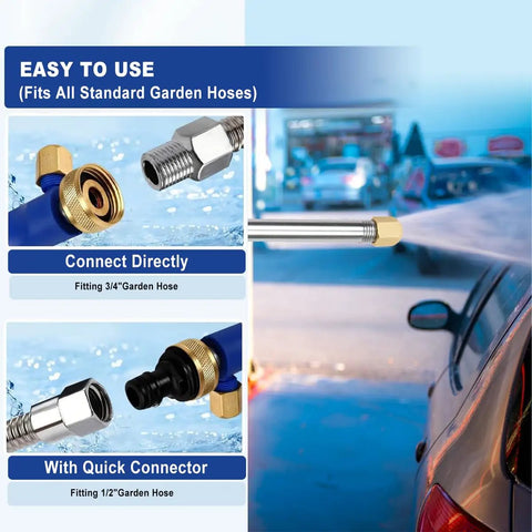 39 Inch High Pressure Power Washer Wand For Garden Hose With Flexible Jet Nozzle, showing quick connect brass fittings and usage examples.