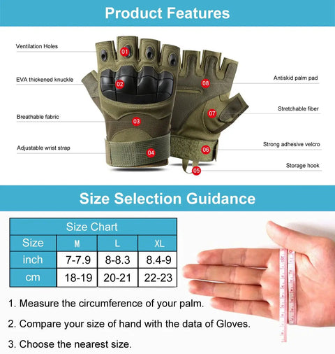 Size guide and features of Rugged Tactical Fingerless Gloves For Men With Hard Knuckles And Reinforced Palm Built For Maximum Tactility And Durability For Airsoft Survival Combat Driving And Motorcycle Riding