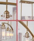 Arched 4 Light Kitchen Island Pendant With Seeded Glass Shades In Cool Brass Finish, industrial design, close-up and mount detail
