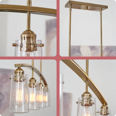 Arched 4 Light Kitchen Island Pendant With Seeded Glass Shades In Cool Brass Finish, industrial design, close-up and mount detail
