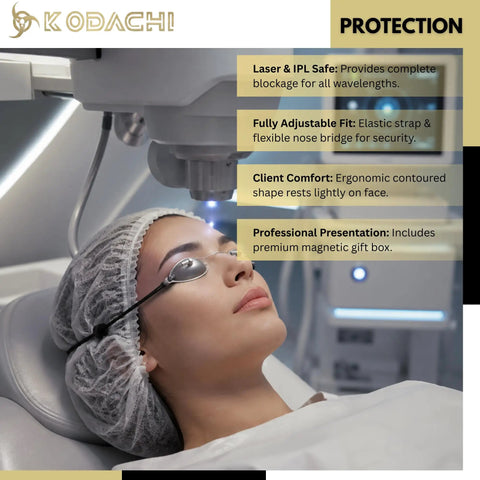 Top Tier Stainless Steel Safety Eyewear With A Snug Adjustable Elastic Head Strap Delivering Heavy Duty Occupational Eye Protection And Kickass Reusable Oval Lens Guarding For Everyday Job Sites, worn by a client during a laser treatment.