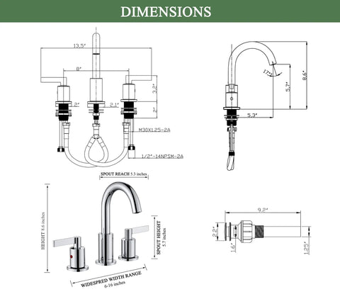 Diagram of Brushed Gold 8 Inch Widespread Bathroom Faucet With Pop-Up Drain 3-Hole Setup High Arc Two-Handle Vanity Lavatory Brass