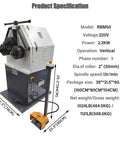 Heavy Duty Electric Three Roller Pinch Bend Machine With 2 Inch Rollers And 220V Power, showing specifications and dimensions.