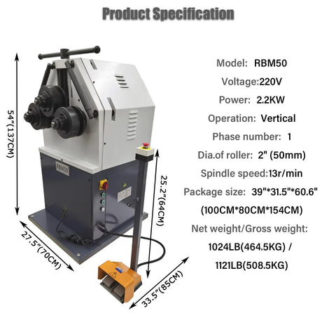 Heavy Duty Electric Three Roller Pinch Bend Machine With 2 Inch Rollers And 220V Power, showing specifications and dimensions.
