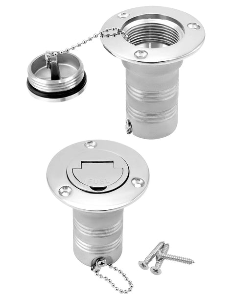 Straight Marine Fuel Deck Fill 38mm One And A Half Inch With Stainless Steel 316 Body And Keyless Cap, showing open and closed views.