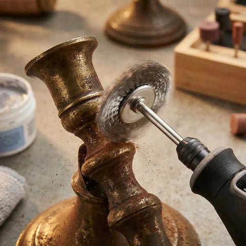 Heavy Duty 69 Piece Buffing And Polishing Wheel Set Featuring 3MM Shank Mini Wire Brushes Flap Pads in use on a brass candle holder.