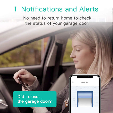 Woman using Smart WiFi Garage Door Opener Remote with Tuya Smart Life App Control in car, phone display showing app interface