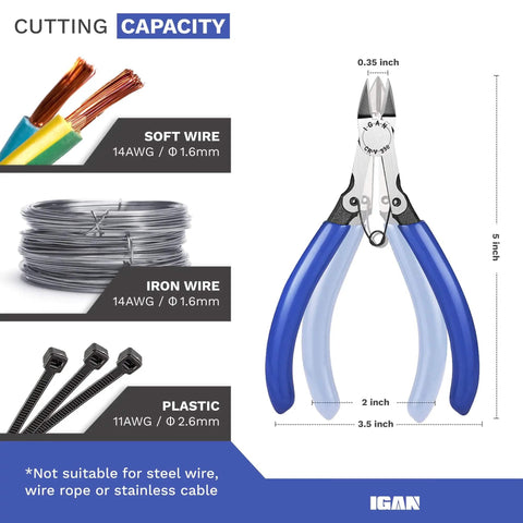 Image showing precision flush cutters with blue handles, cutting capacity details for soft, iron, and plastic wire, and tool dimensions.