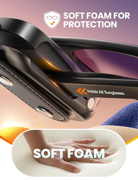 Close-up of Magnetic Premium Leather Sunglass Holder For Car Visor With Quick Snap Tether, featuring soft foam for protection.