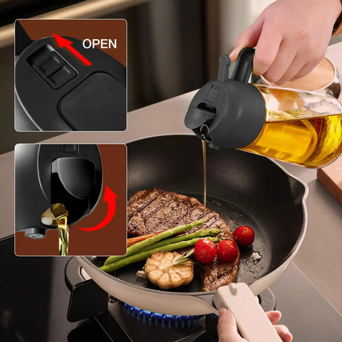 Smooth Operator Sixteen Oz Glass Olive Oil Spray Bottle With Dual Pour And Sprayer Function Drip Free Build For Grilling Roasting And Healthy Cooking Bpa Free Matte Black Kitchen Ace dispensing oil over a skillet with vegetables.
