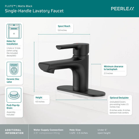 Flute Matte Black Bathroom Faucet With 0.5 GPM Flow Fits 1 Or 3 Hole 4 Inch Install Includes Base Plate And Pop Up Drain ADA Compliant