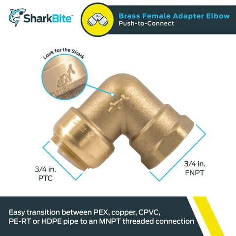 Three Quarter Inch Push To Connect 90 Degree Female Adapter Elbow Brass Plumbing Fitting For PEX Copper CPVC PE RT And HDPE