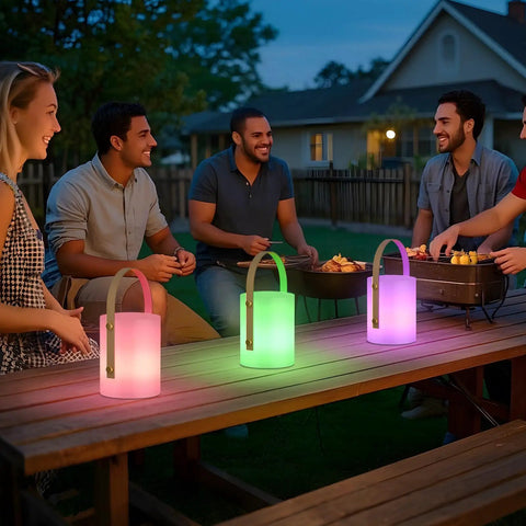 Outdoor gathering with Cordless LED Lantern Table Lamp With Remote, IP44 shower safe, RGB and warm white dimmable modes on table