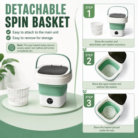 Portable Foldable Mini Washing Machine With Fast Spin Dryer And Flexible Wash Options For Baby Gear Gym Socks and Road Trips with detachable basket.