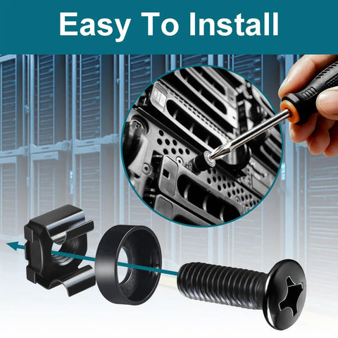 Rock Solid M6 Cage Nuts and Rack Screws Kit Made from Heavy Duty Carbon Steel for Server Racks and Computer Cases, installation process detailed.