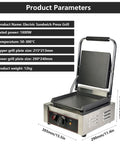 Heavy Duty Commercial Electric Sandwich Press Grill With NonStick Double Sided Plates Stainless Steel Bread Maker Toaster Adjustable Temp 50-300C, 1800W with precise size details.