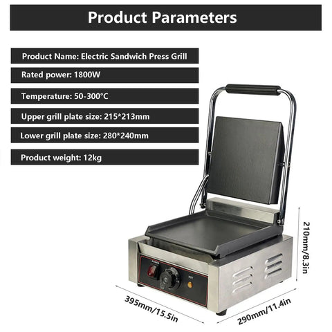 Heavy Duty Commercial Electric Sandwich Press Grill With NonStick Double Sided Plates Stainless Steel Bread Maker Toaster Adjustable Temp 50-300C, 1800W with precise size details.