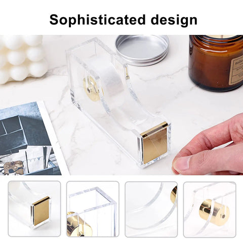 Gold Acrylic Office Desk Accessories Set With Stapler And Staples, Staple Remover, Tape Holder, and Phone Stand on desk