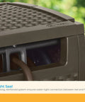 Close-up of wicker style hose hideaway with 175 ft resin hose reel showing tight seal and kink-free storage feature.