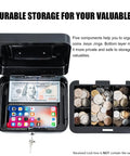 Medium Metal Cash Box With Removable Money Tray And Dual Key Lock Portable Steel Safe Cash Drawer With Handle Includes 2 Keys Great For Home Office Or On The Go Dimensions 7.87 By 6.30 By 3.54 Inches Black, open showing money and keys
