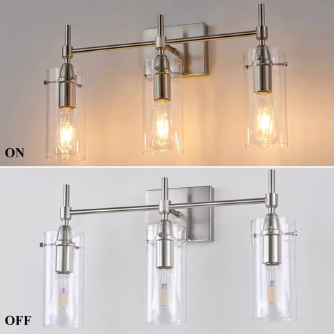 Brushed Nickel 3 Light Vanity Light For Bathroom With Clear Glass Shades Over Mirror Modern Industrial Style Vanity Fixture