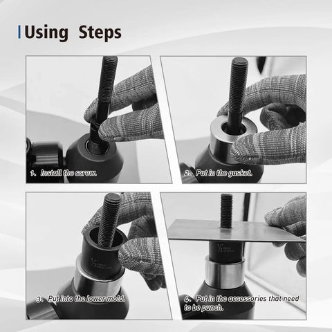 Steps for using Hydraulic Knockout Hole Punch Set 1/2 To 2 Inch Electrical Conduit Cutter Kit with tools and gloves.