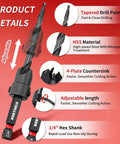 Professional 18 Piece Countersink Drill Bit Set Featuring Hex Shank Screwdriver Bits And Precision Depth Stop Collars showing tapered drill point and 1/4" hex shank.