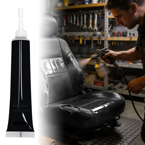 Leather Repair Cream For Furniture, Cars, Bags And Boots - Quick-Dry Liquid Pigment That Covers Scuffs, Fraying And Fading, Restores Texture Without Peeling, 20ml tube with repaired car seat close-up.