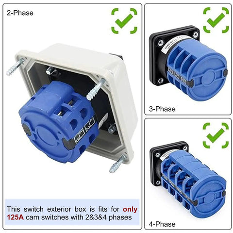 Heavy Duty Exterior Enclosure Box For 125A Universal Rotary Changeover Cam Switch shown in 2, 3, and 4-phase configurations