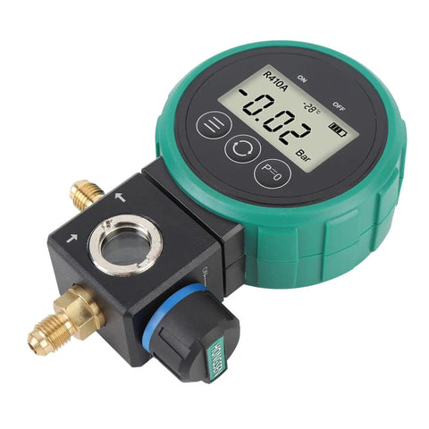 Professional HVAC Pressure Gauge Set With Digital Meter For Car AC Cooling System Charging And Quick Leak Detection showing LCD display and connectors.