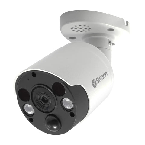 Security camera from 4K PoE NVR CCTV Security Camera System For Home And Business Indoor Outdoor Wired Surveillance With Color Night Vision Up To 115 Feet LED Lighting Metal Housing Heat Motion Detection Face Recognition And Two Way Talk.