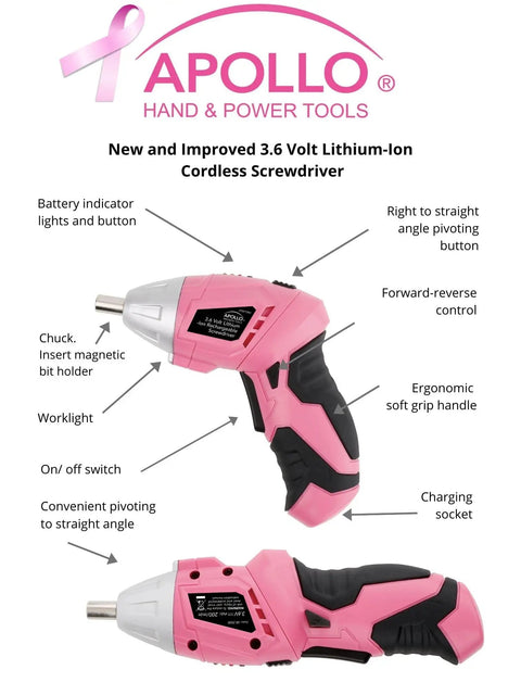 Pink cordless screwdriver with dual angle pivot from 135 Piece Home DIY Tools Set with labels of features and specifications.