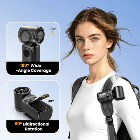 Portable Clip-On Mini Fan Handheld Turbo Breeze With 180 Degree Rotation 3000mAh Battery 5 Speed Modes clipped on backpack