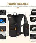 Front details of Hydration Running Vest For Women And Men, Adjustable Lightweight Nylon Pack with various pockets and features.