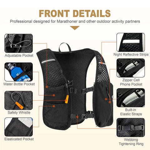 Front details of Hydration Running Vest For Women And Men, Adjustable Lightweight Nylon Pack with various pockets and features.