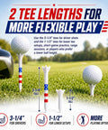 Image of Pro Grade Golf Tees 3-1/4 Inch With 4 Prong Grip Reducing Friction in two lengths on a lawn showing flexibility in play setups.