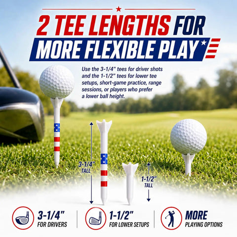 Image of Pro Grade Golf Tees 3-1/4 Inch With 4 Prong Grip Reducing Friction in two lengths on a lawn showing flexibility in play setups.